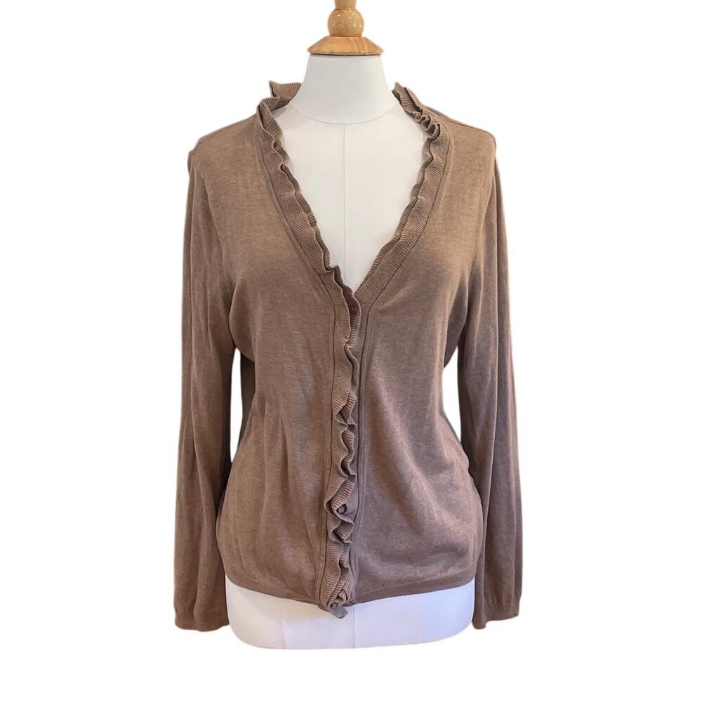 Talbots Tan Ruffle Trim V-Neck Long Sleeve Cardigan Sweater, Minimalist, XL